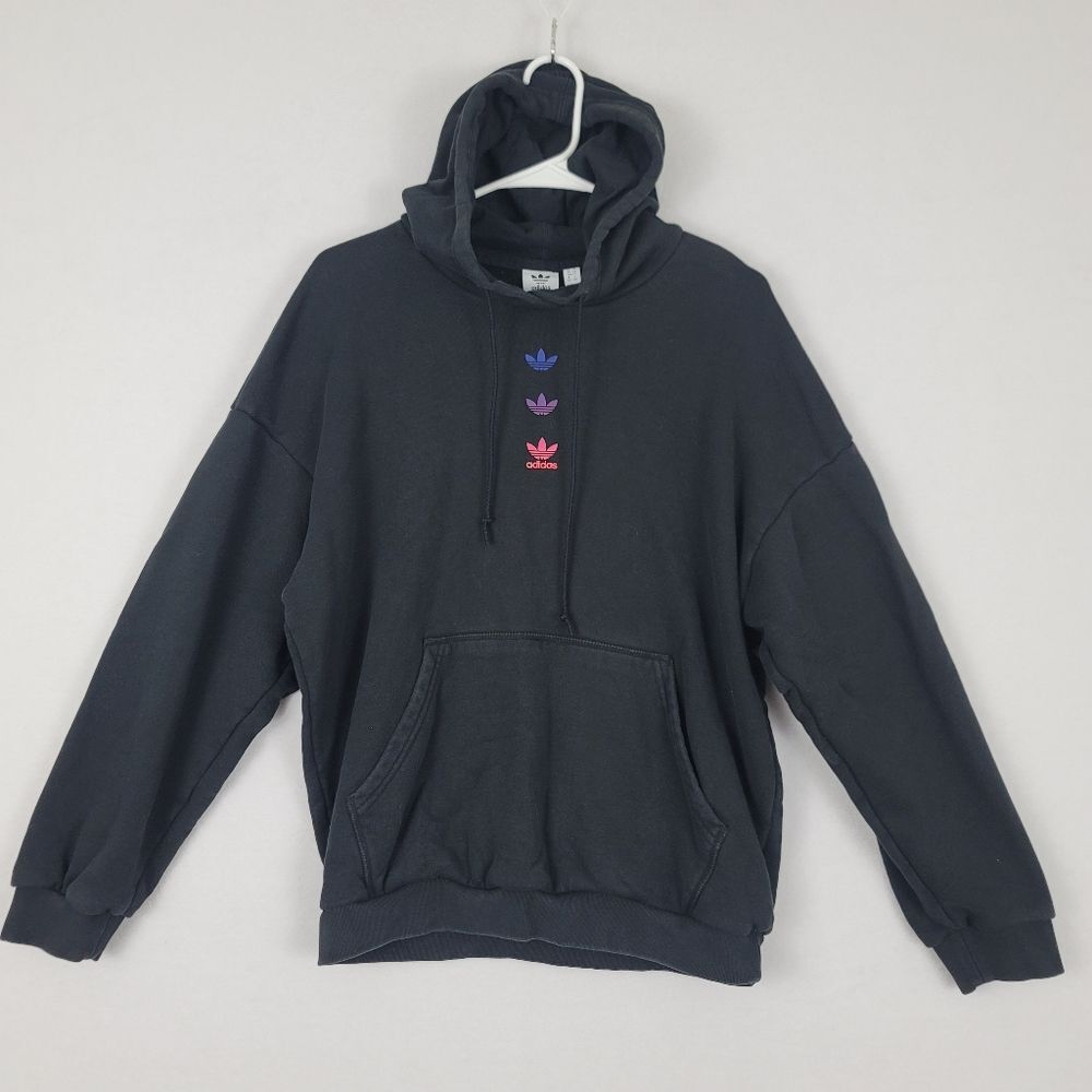 Adidas Black Medium Unisex Pullover Hoodie Pockets Colorful Trefoil Graphic